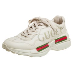 Used Gucci Cream Leather Rhyton Logo Low Top Sneakers Size 41.5
