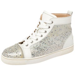 Christian Louboutin Silver/White Leather Rantus Crystal High Top Sneakers Size41