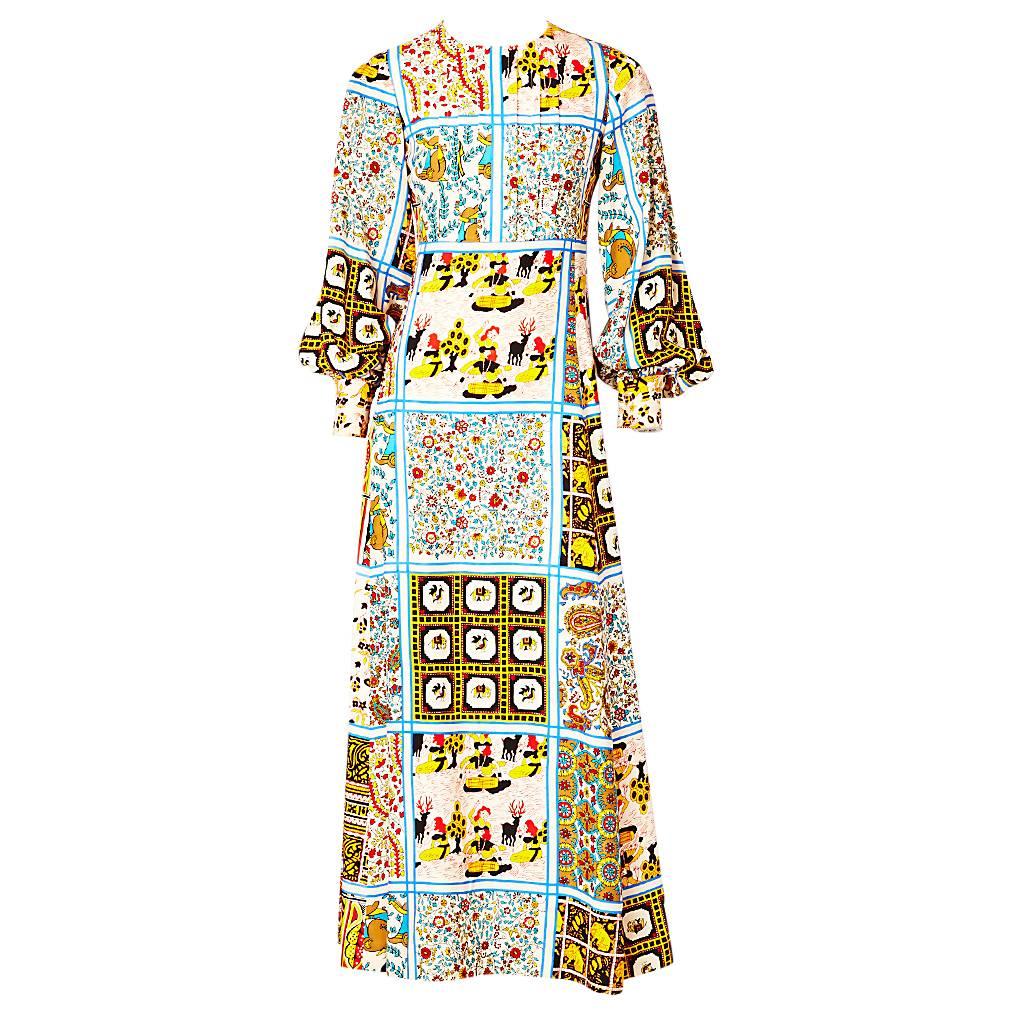 C.Capriotti Seide "Patchwork" Muster 70er Jahre Maxikleid