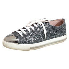 Miu Miu Grey Glitter And Metal Cap Toe Low Top Sneakers Size 38.5