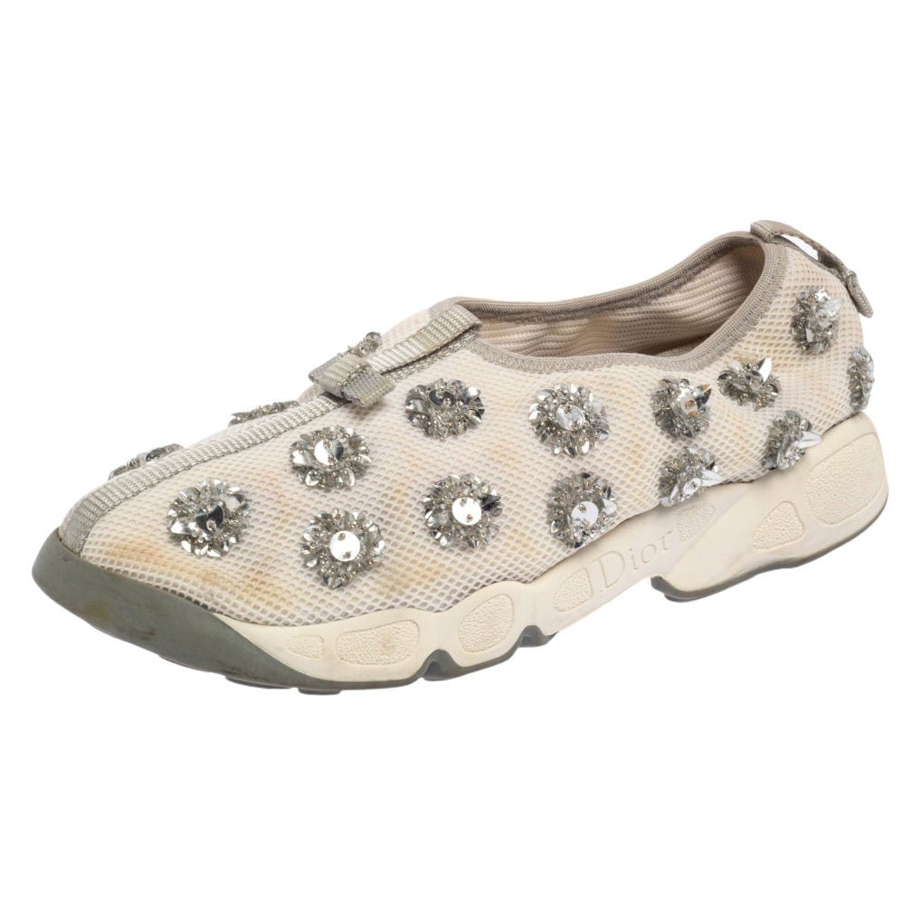 Dior White Mesh Fusion Floral Embellished Slip On Sneakers Size 38 For Sale