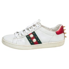 Gucci White Leather New Ace Web Faux Embellished Low Top Sneakers Size 37.5