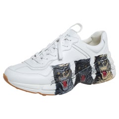 Used Gucci White Leather Rhyton Tigers Print Low Top Sneakers Size 43