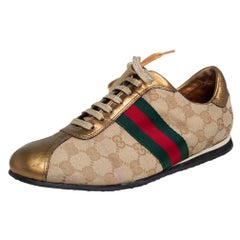 Gucci Gold/Beige GG Canvas And Leather Web Detail Low Top Sneakers Size 39