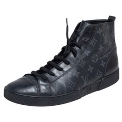 Used Louis Vuitton Black Leather and Monogram Eclipse High Top Sneakers Size 43