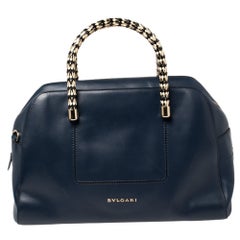 Used Bvlgari Blue Leather Serpenti Scaglie Bowler Bag