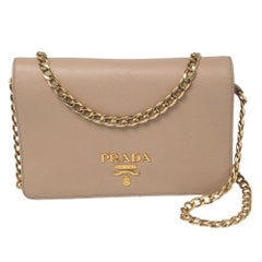 Prada Beige Saffiano Lux Leather Logo Plaque Wallet On Chain