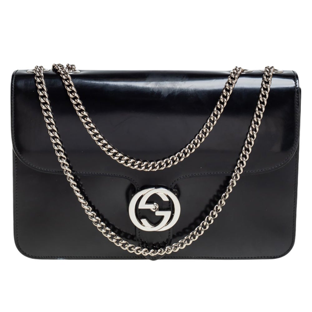 Gucci Black Polished Leather Interlocking G Shoulder Bag