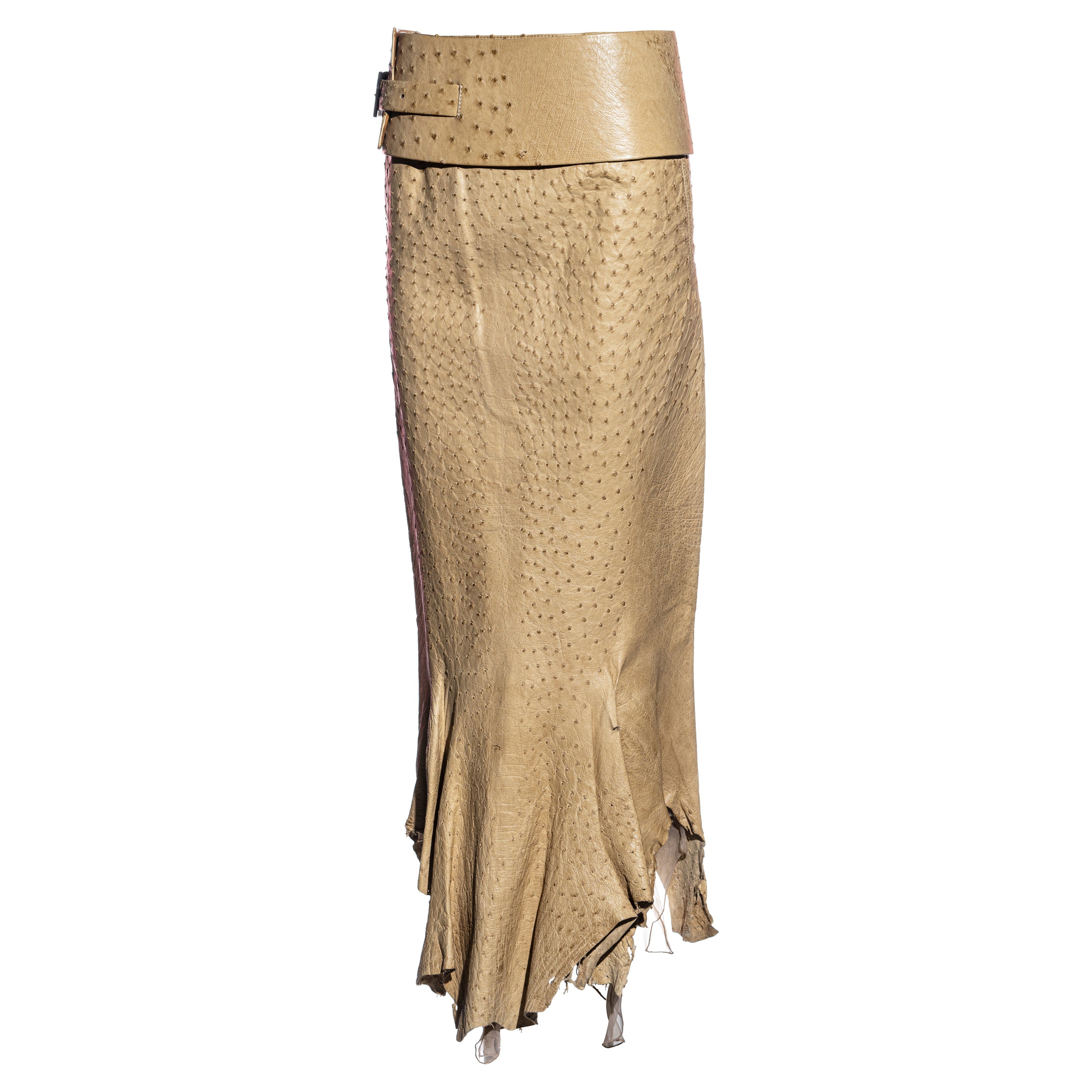 Gianfranco Ferre beige ostrich leather skirt and belt, ss 2000