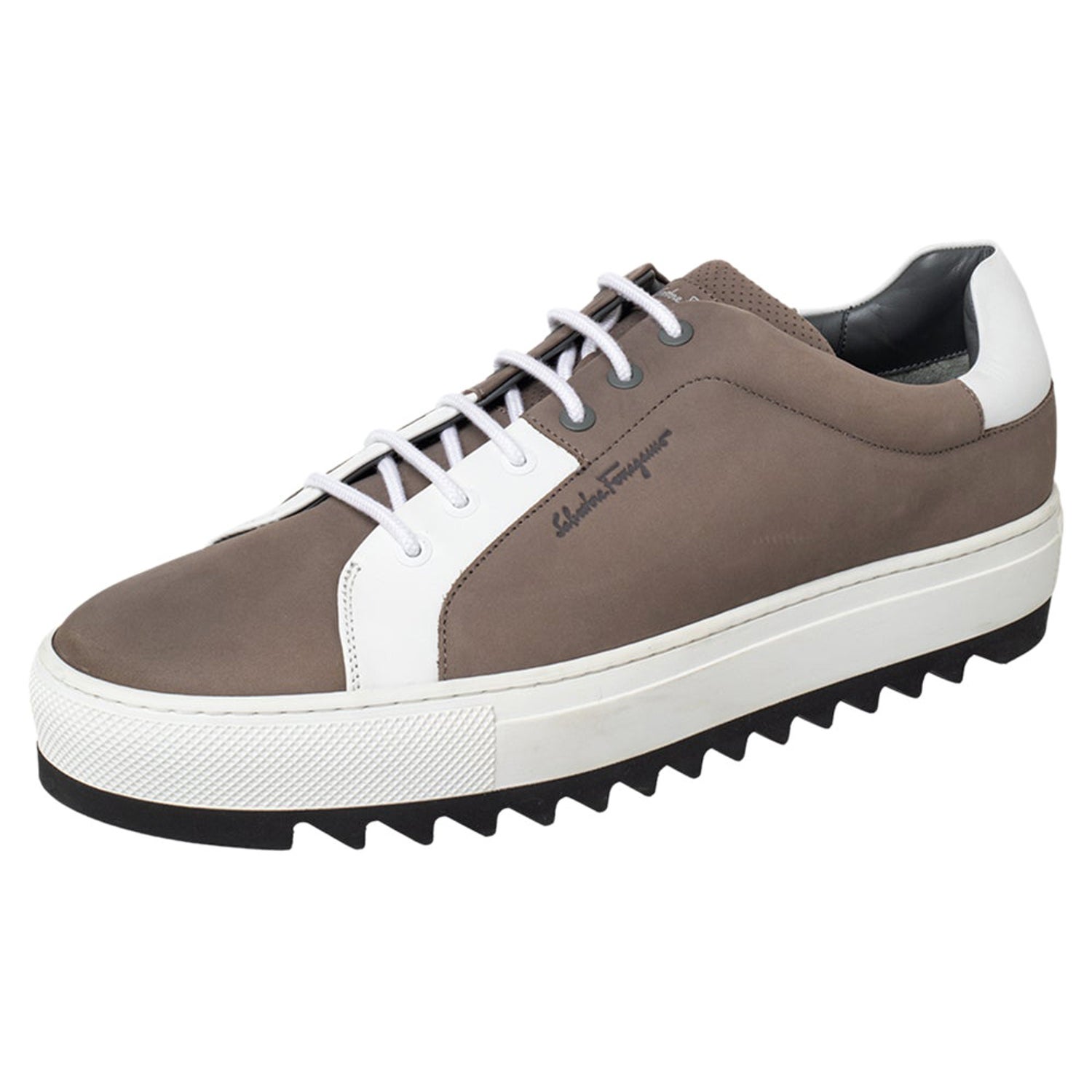 Salvatore Ferragamo Brown/White Leather And Nubuck Sneakers Size 45 For  Sale at 1stDibs