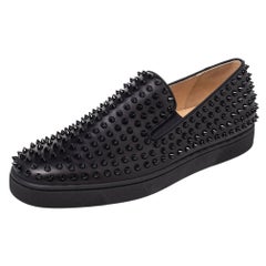Christian Louboutin Black Leather Roller Boat Spike Slip On Sneakers Size 44.5