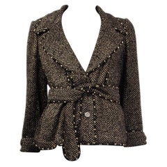 CHANEL black & gold cotton TWEED STUDDED BELTED Jacket 46 XXL