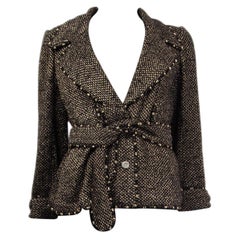 CHANEL Schwarze & goldene TWEED STUDDED BELTED Jacke aus Baumwolle 40 M