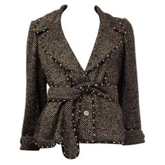 CHANEL black & gold cotton TWEED STUDDED BELTED Jacket 40 M