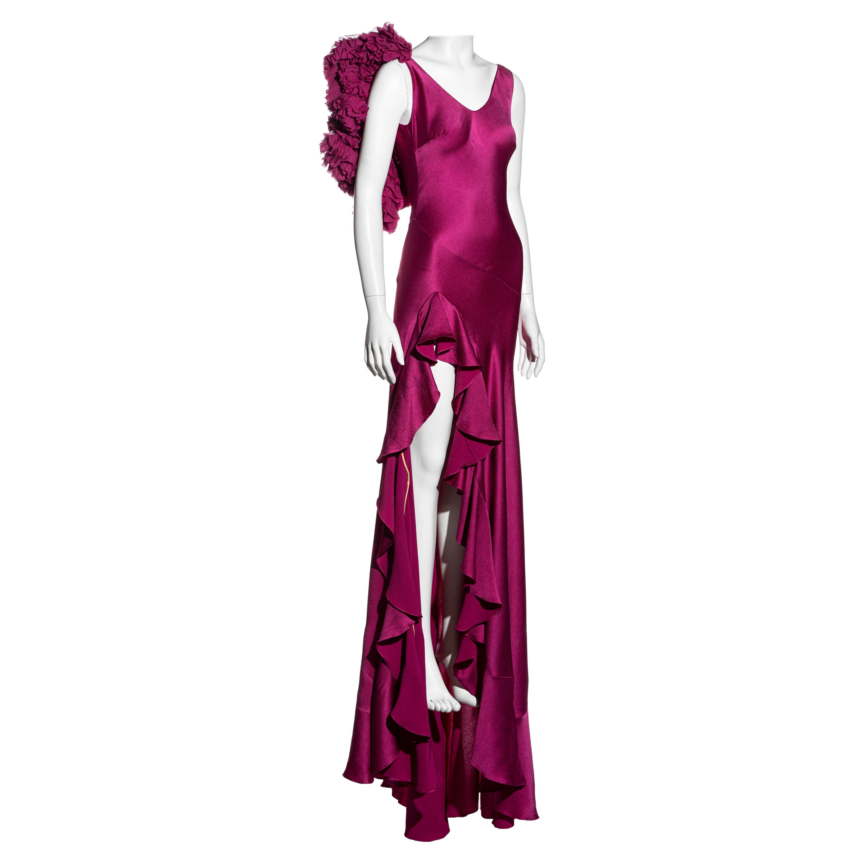 John Galliano fuchsia silk bias cut trained evening dress, fw 1995