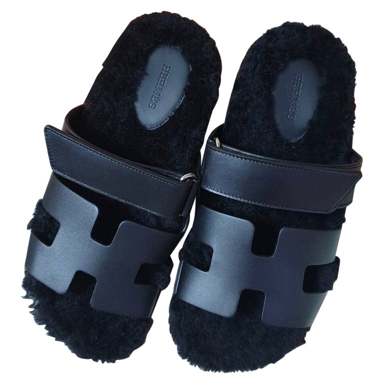 Hermes Black Leather Fur Chypre Sandal at 1stDibs hermes fur sandals, hermes furry sandals