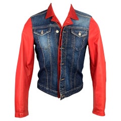 DSQUARED2 Size 38 Indigo & Red Wash Denim Leather Trim Trucker Jacket