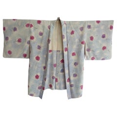 Veste kimono Haori japonaise ancienne en soie bleue fantaisie - époque Meiji