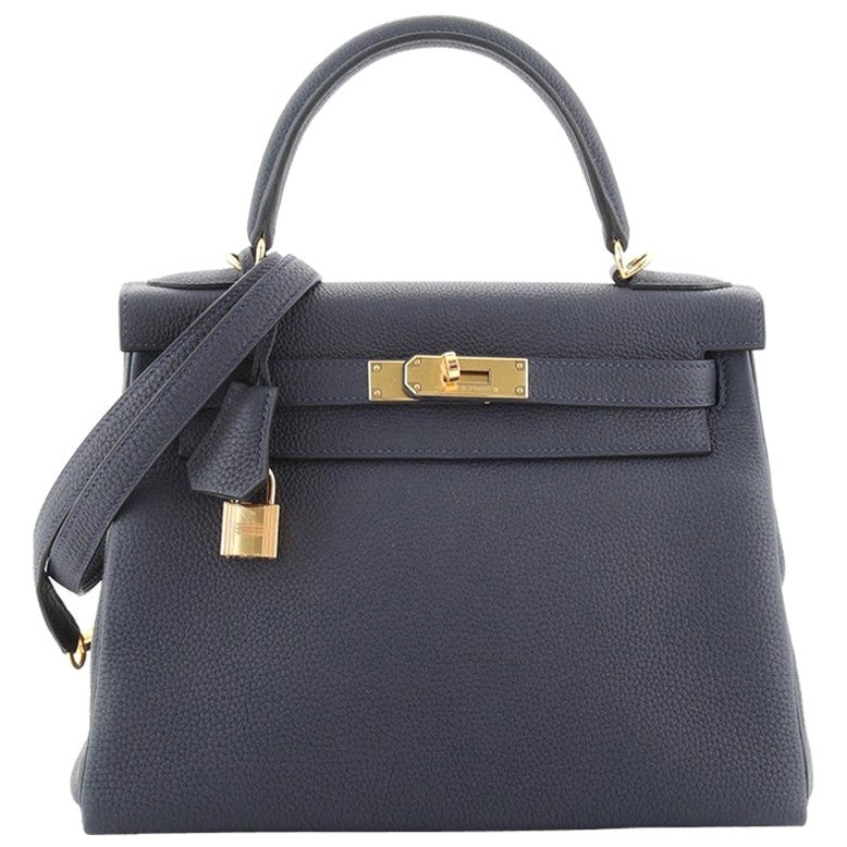 Hermes Kelly Handbag Bleu Nuit Togo with Gold Hardware 28 at