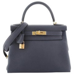 Hermes Kelly Handbag Bleu Nuit Togo with Gold Hardware 28