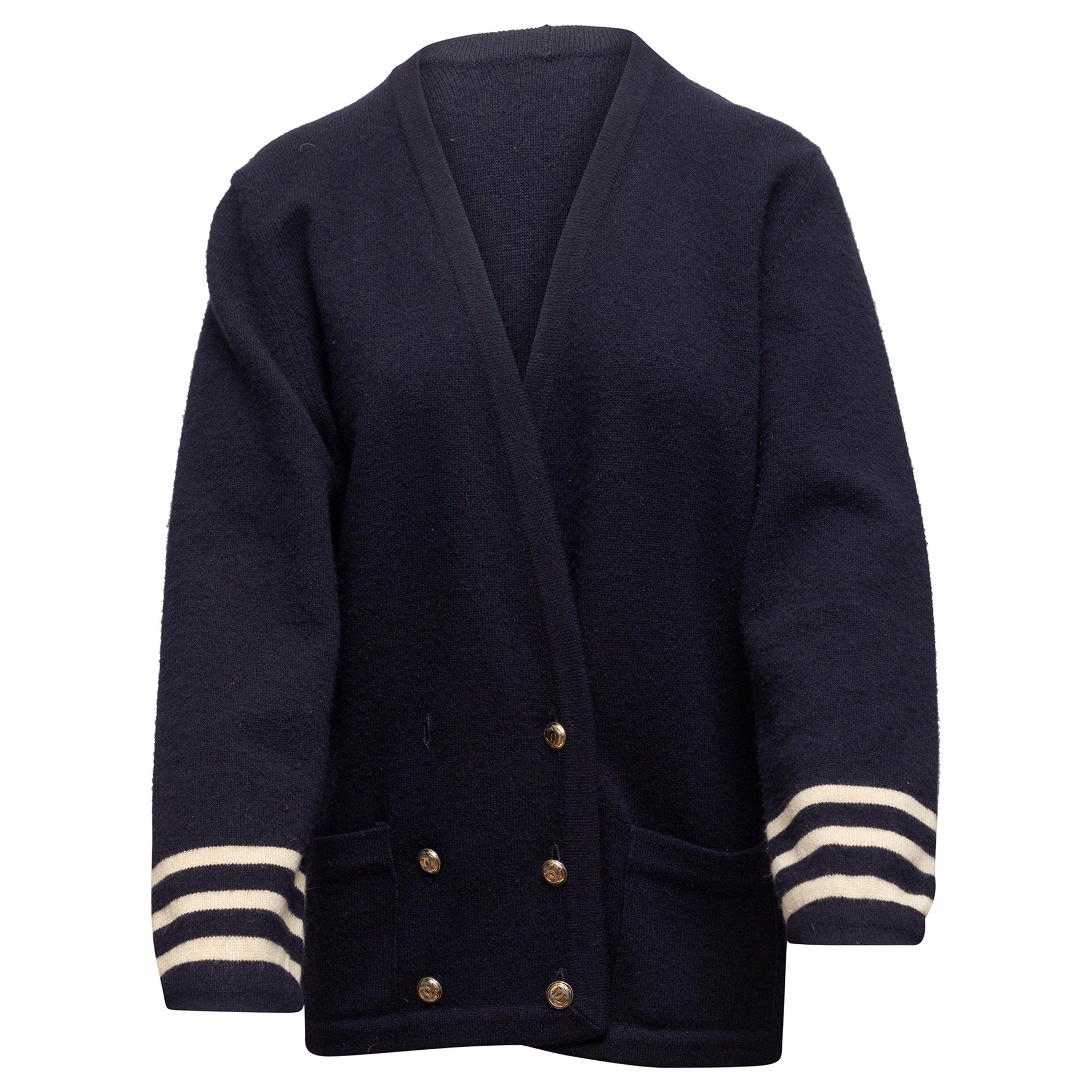 Chanel Navy & White Double-Breasted Cashmere Cardigan