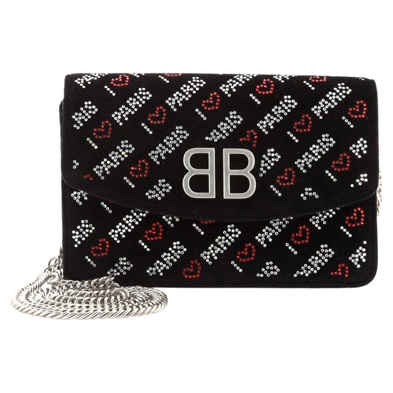 Balenciaga BB Round Wallet on Chain Crystal Embellished Velvet Small