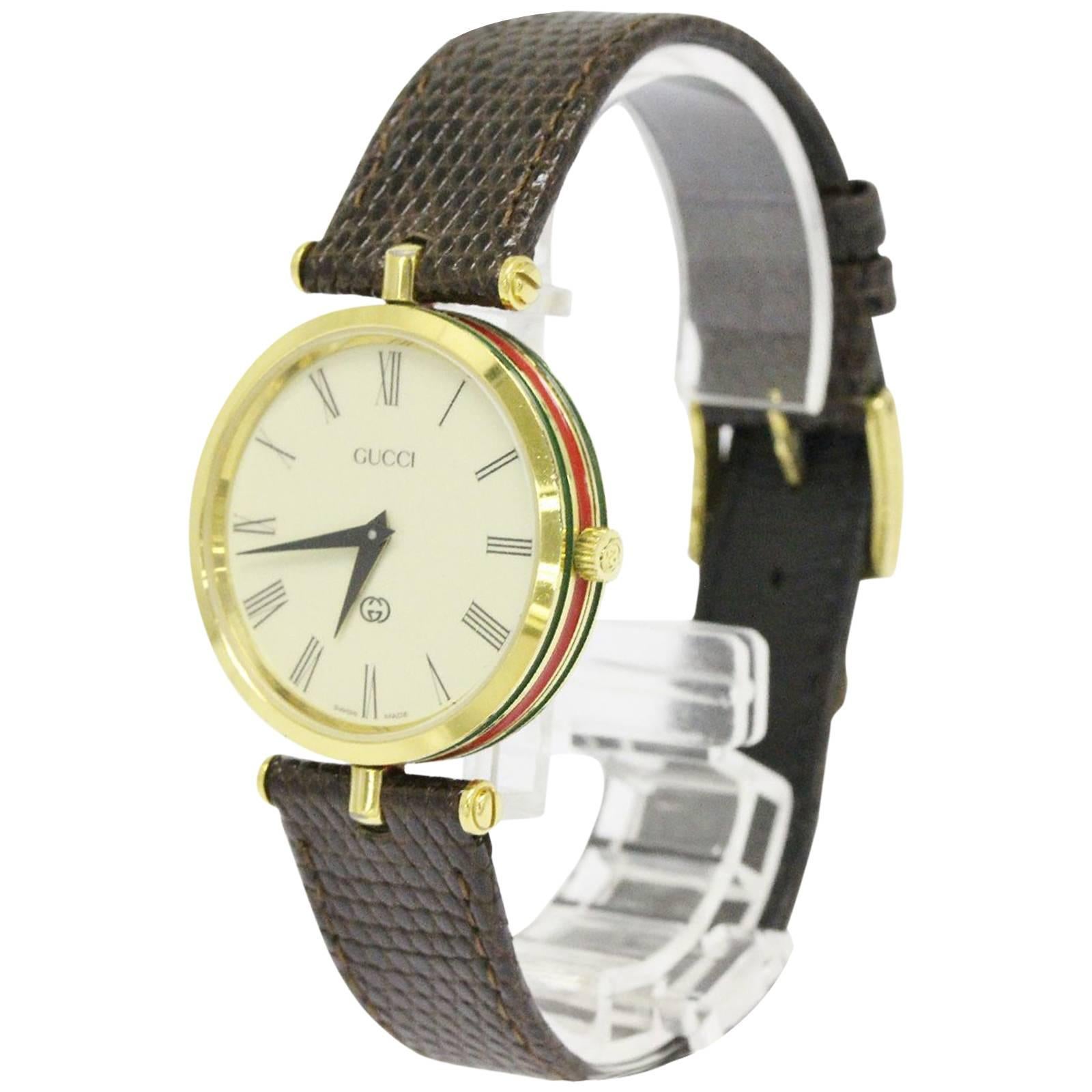 Gucci Vinage Brown Leather Gold Men's Women's Unisex Mid Size Watch