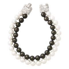Two Row Black And White Faux 16MM Pearl Art Deco CZ Clasp Necklace