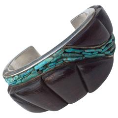 Paul Durkee Turquoise Wood Sterling Cuff Bracelet 1970s