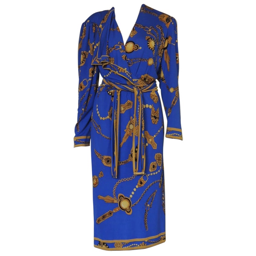 Vintage Leonard Paris Jewelry Motif Silk Jersey Mikado Belted Wrap Dress