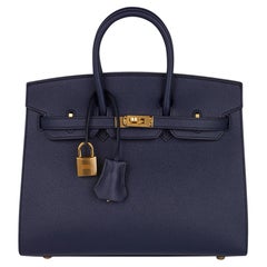 Hermes Birkin Sellier 25 Tasche Blau Indigo Gold Hardware Epsom Leder Neu mit Box