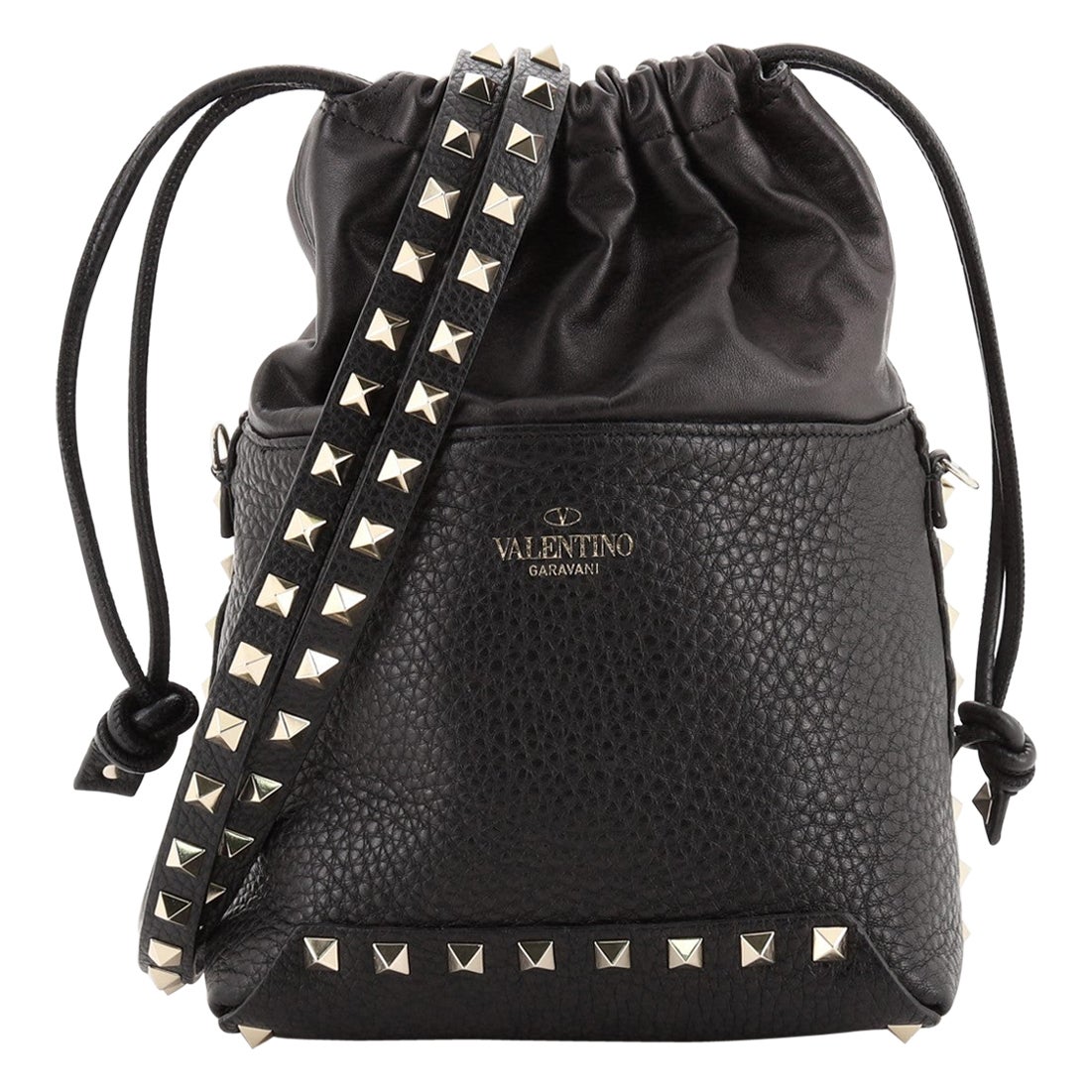 Valentino Rockstud Drawstring Bucket Bag Pebbled Leather Mini