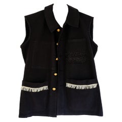 Embellished Silver Fringe Sleeveless Jacket Vest Black One of a kind J Dauphin