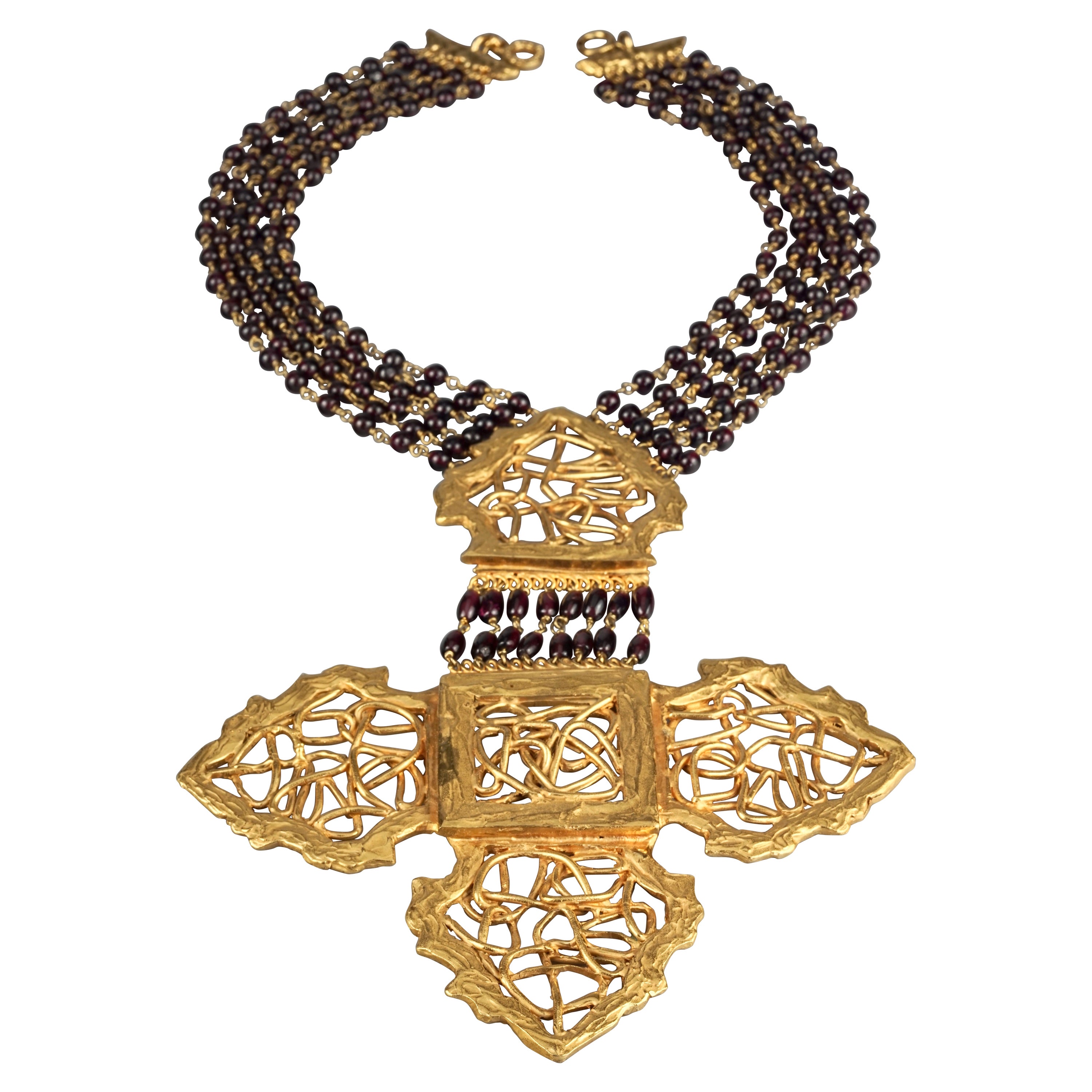 Vintage Massive ROBERT GOOSSENS PARIS Gilt Cross Multi Strand Beaded Necklace For Sale