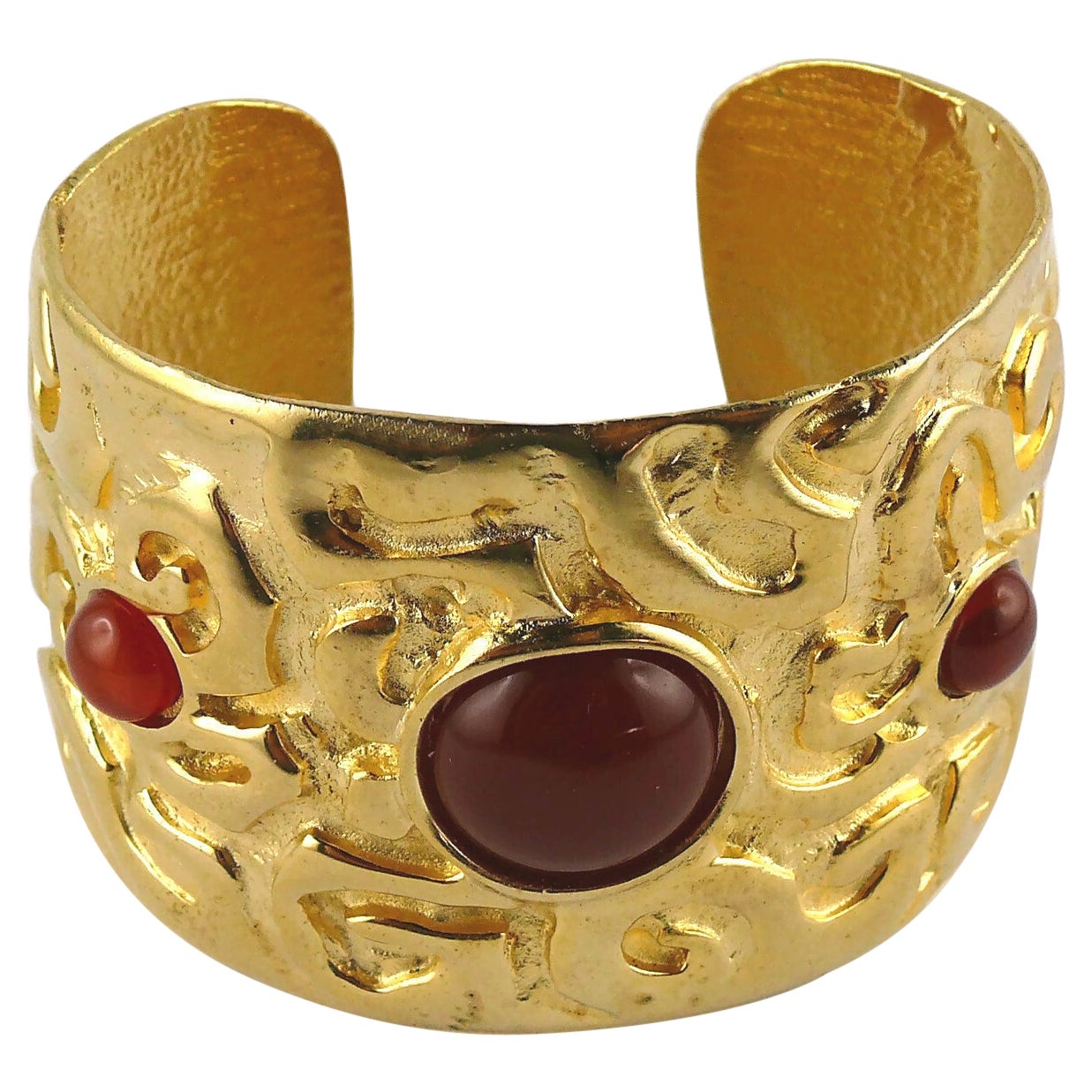 Edouard Rambaud Vintage Gold Toned Glass Cabochons Cuff Bracelet For Sale