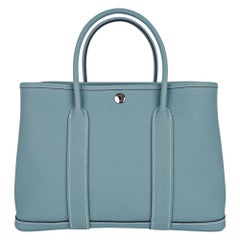 Hermes Tasche Garden Party 30 Tasche Ciel / Vache Country Leder Palladium Neu mit Box