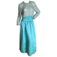 Oscar de la Renta Turquoise Embellished Evening Gown