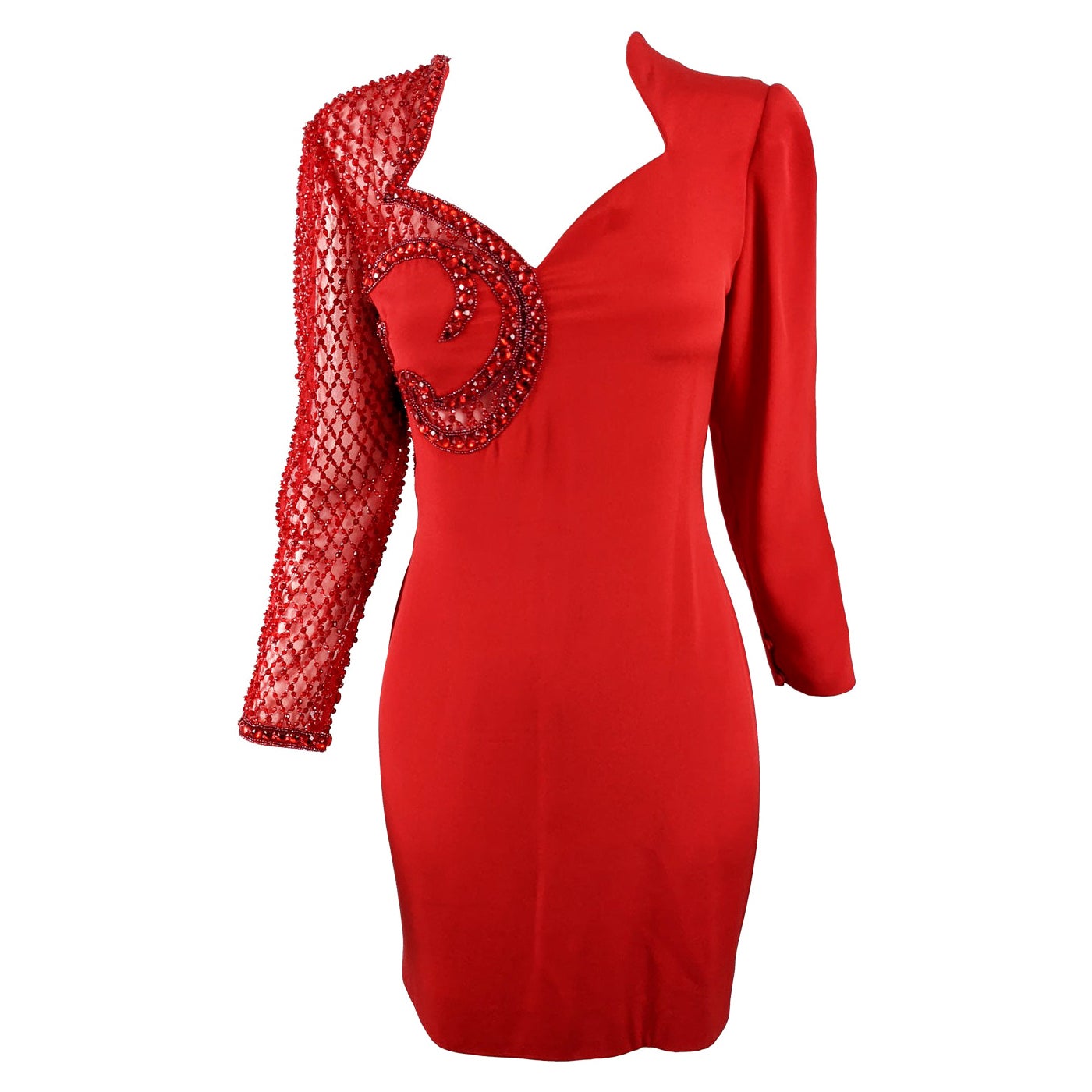 Renato Balestra Vintage Italian Couture Red Beaded Sheer Sleeve Party Dress For Sale