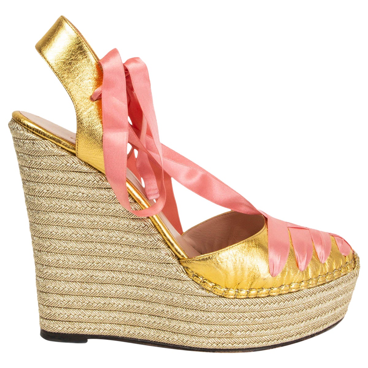 GUCCI metallic gold leather pink satin ALEXIS Platform Wedge Sandals Shoes 41.5 For Sale