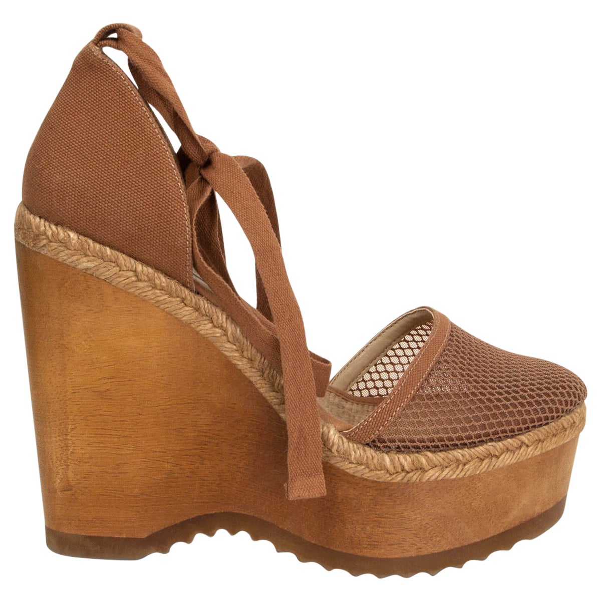 STELLA MCCARTNEY brown Canvas & Mesh Wooden Wedge Espadrilles Sandals Shoes 38