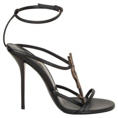 SAINT LAURENT black leather YSL CASSANDRA Ankle Strap Sandals Shoes 38