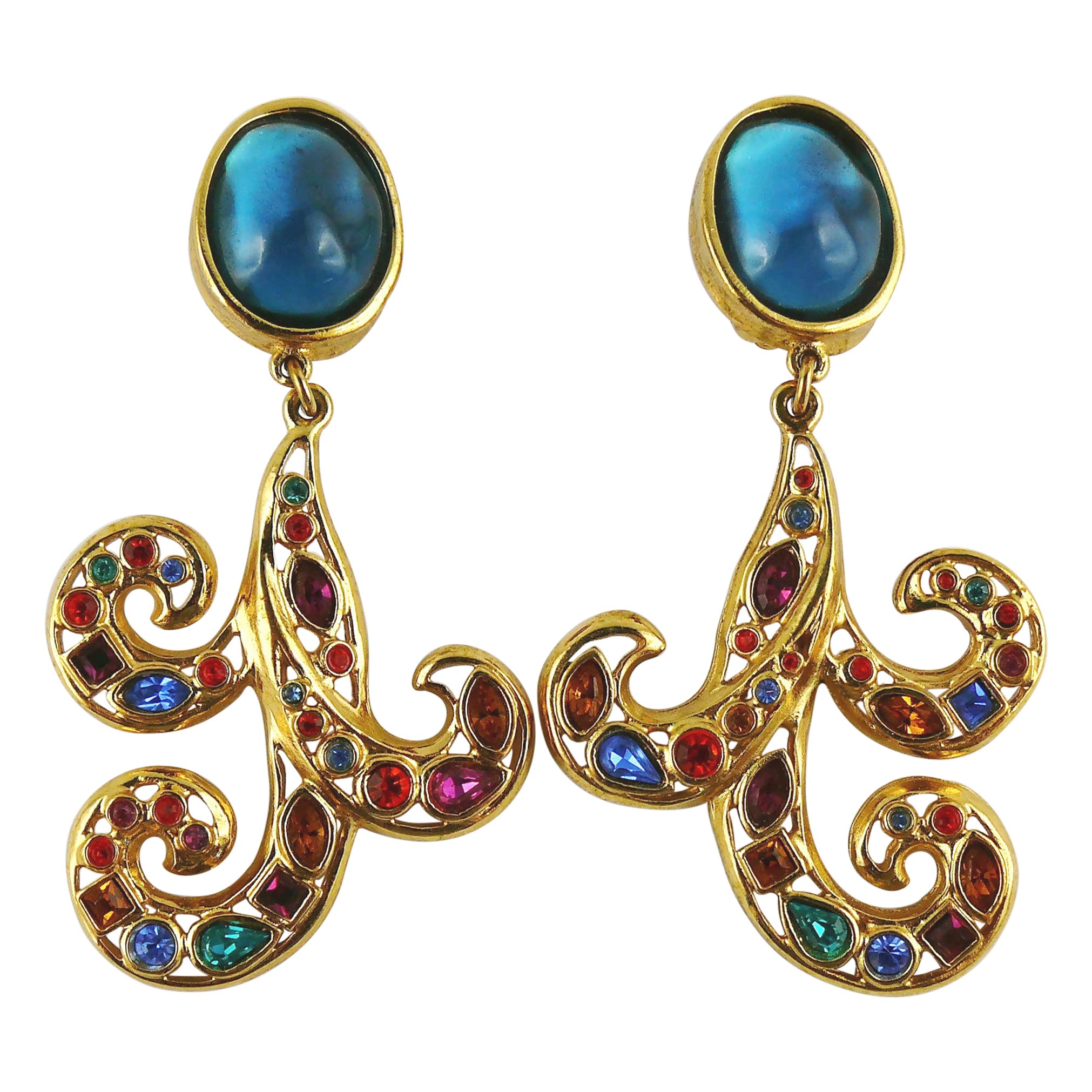 Yves Saint Laurent YSL Vintage Jewelled Arabesque Dangling Earrings For Sale