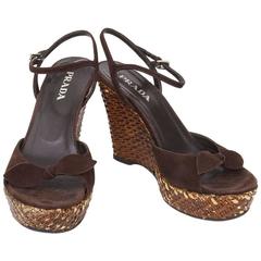 Prada Brown Suede & Rattan Wedges