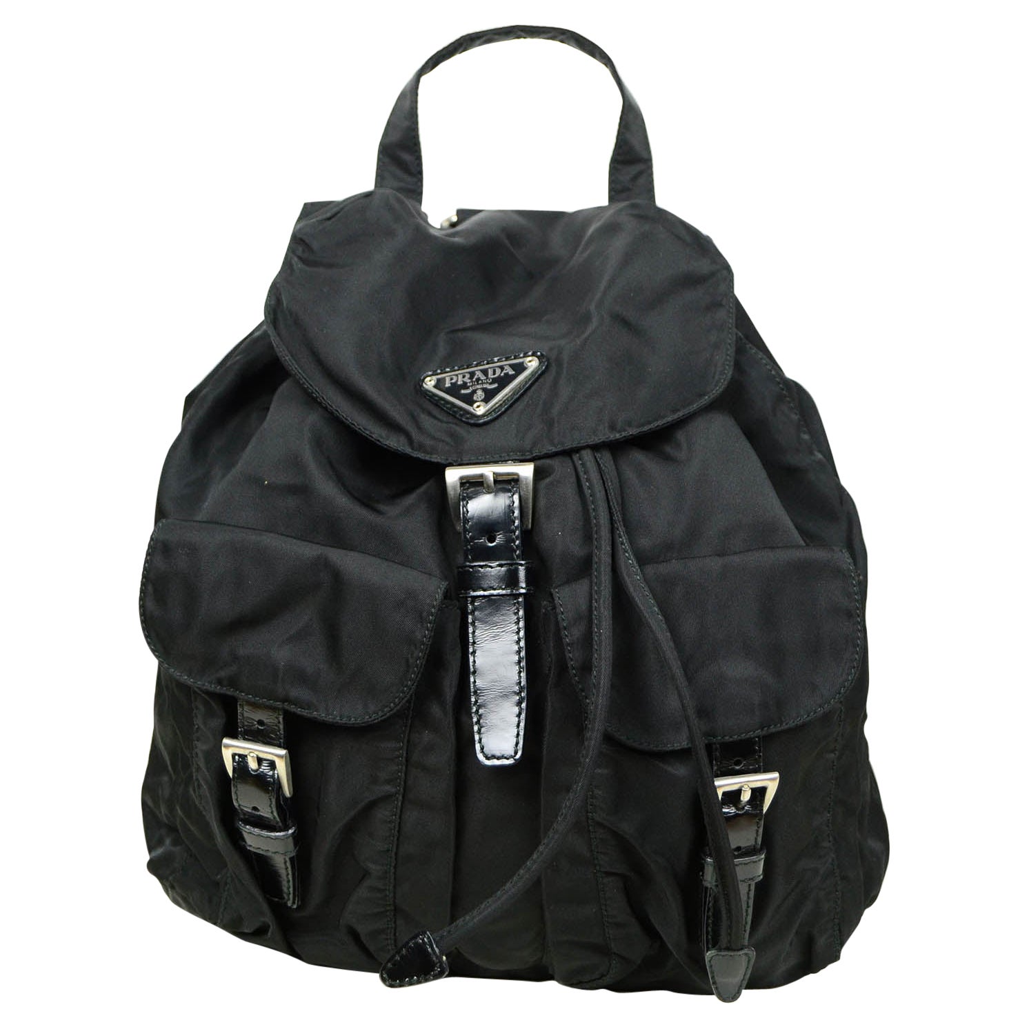 Prada Black Nylon Small Backpack w/ Front Buckle Pockets