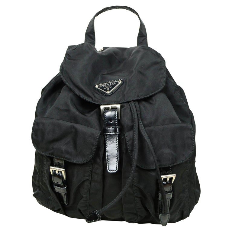 Prada Black Nylon Small Backpack w/ Front Buckle Pockets For Sale at 1stDibs