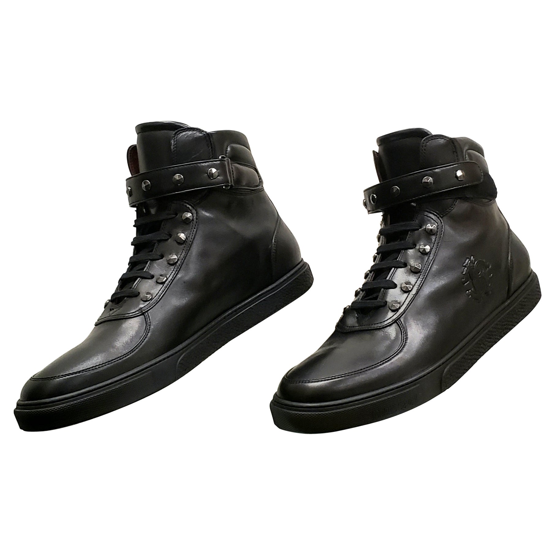 New ROBERTO CAVALLI BLACK LEATHER STUDDED HIGH TOP SNEAKERS 44.5 - 11.5