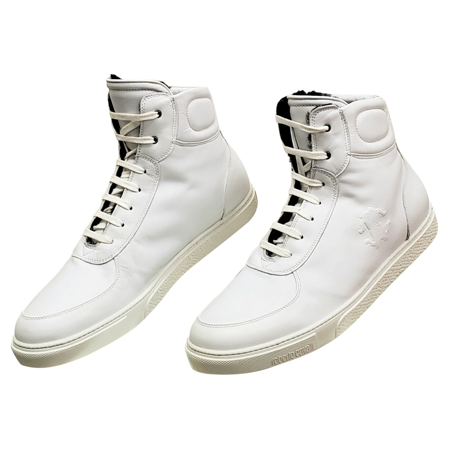 ROBERTO CAVALLI WHITE LEATHER FUR LINED SHEARLING Sneakers 41.5;43;44.5;45