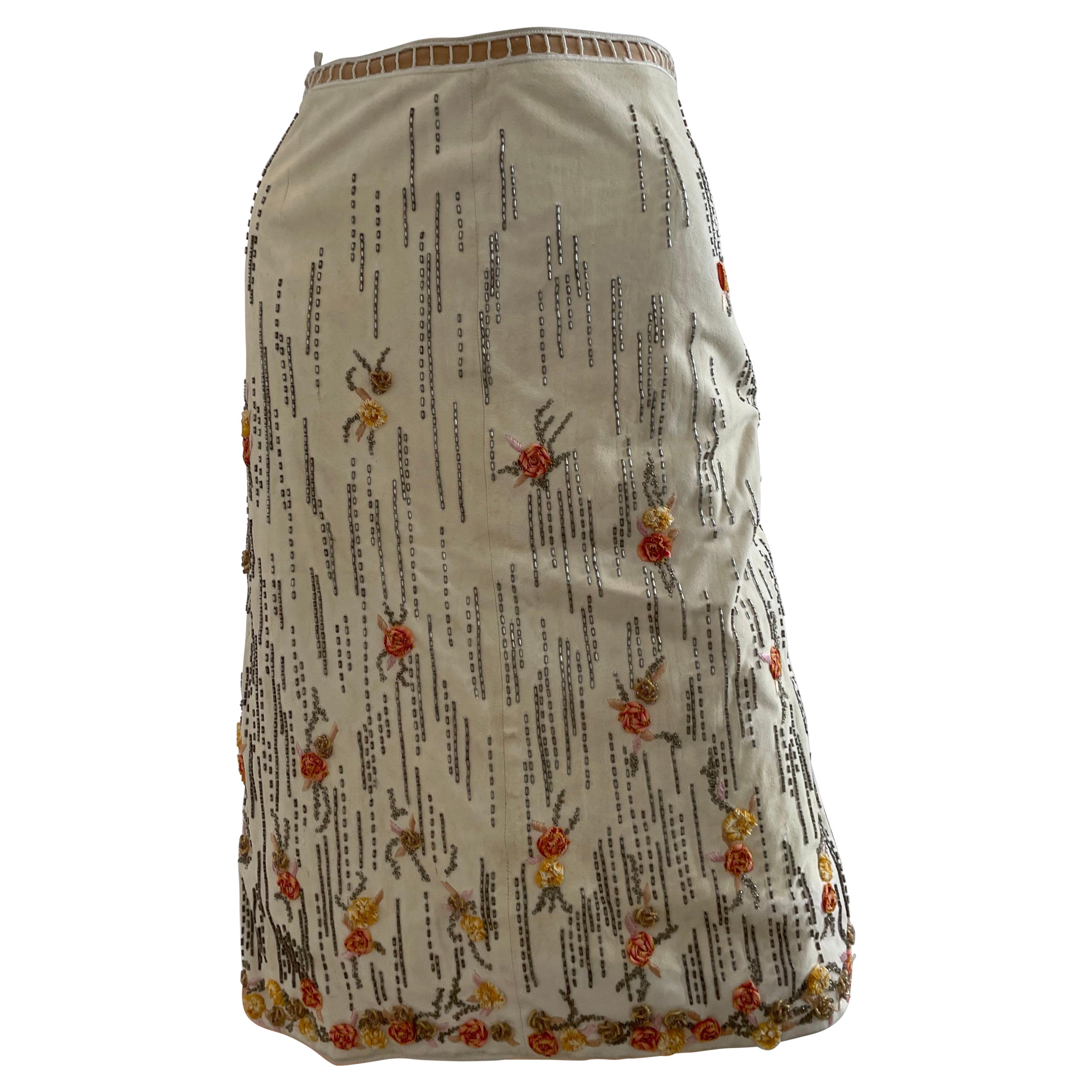 Rare and Vintage Valentino Boutique Suede Beaded Floral Skirt For Sale