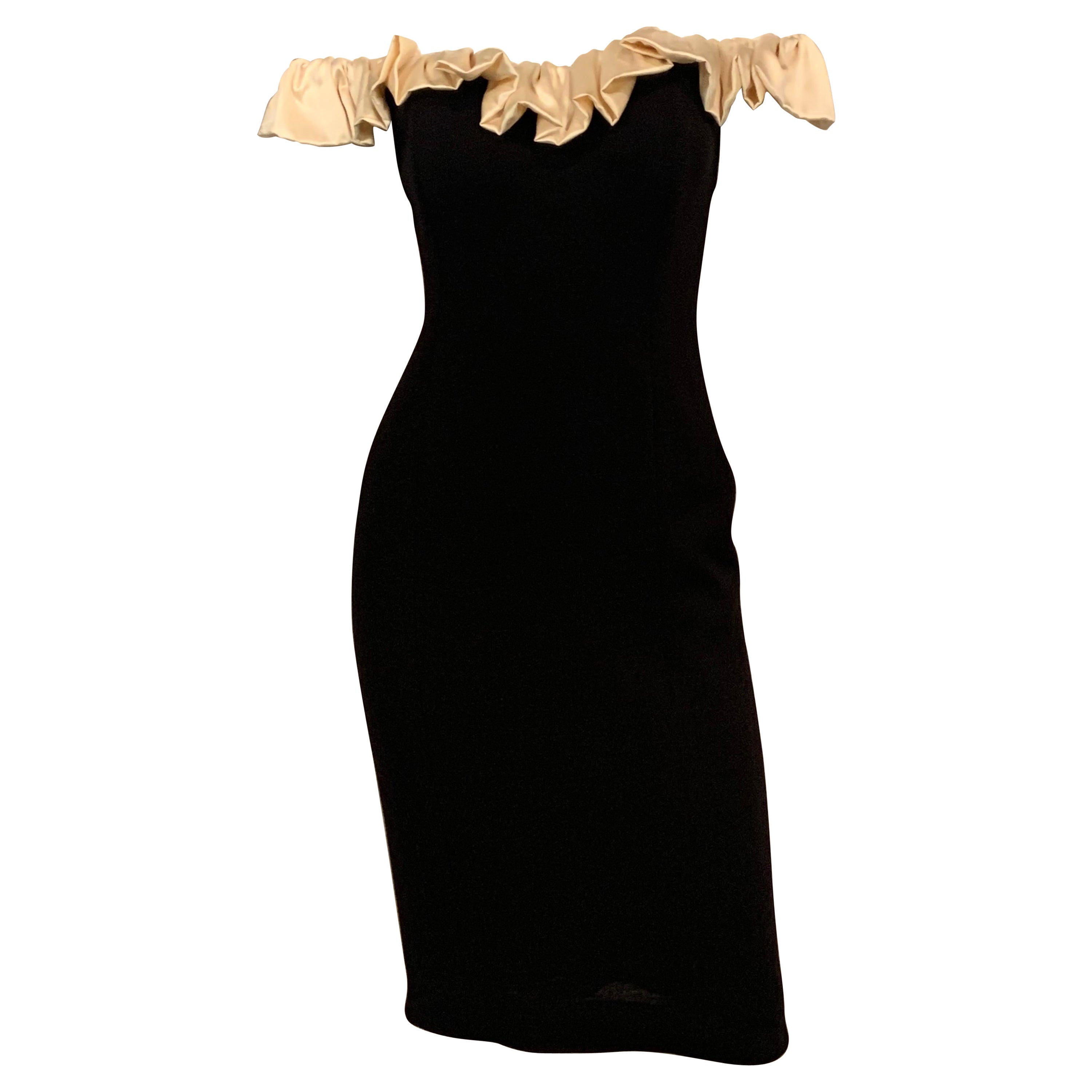 Black Wool Dress with Off the Shoulder Cream Satin Ruffled Neckline For Sale