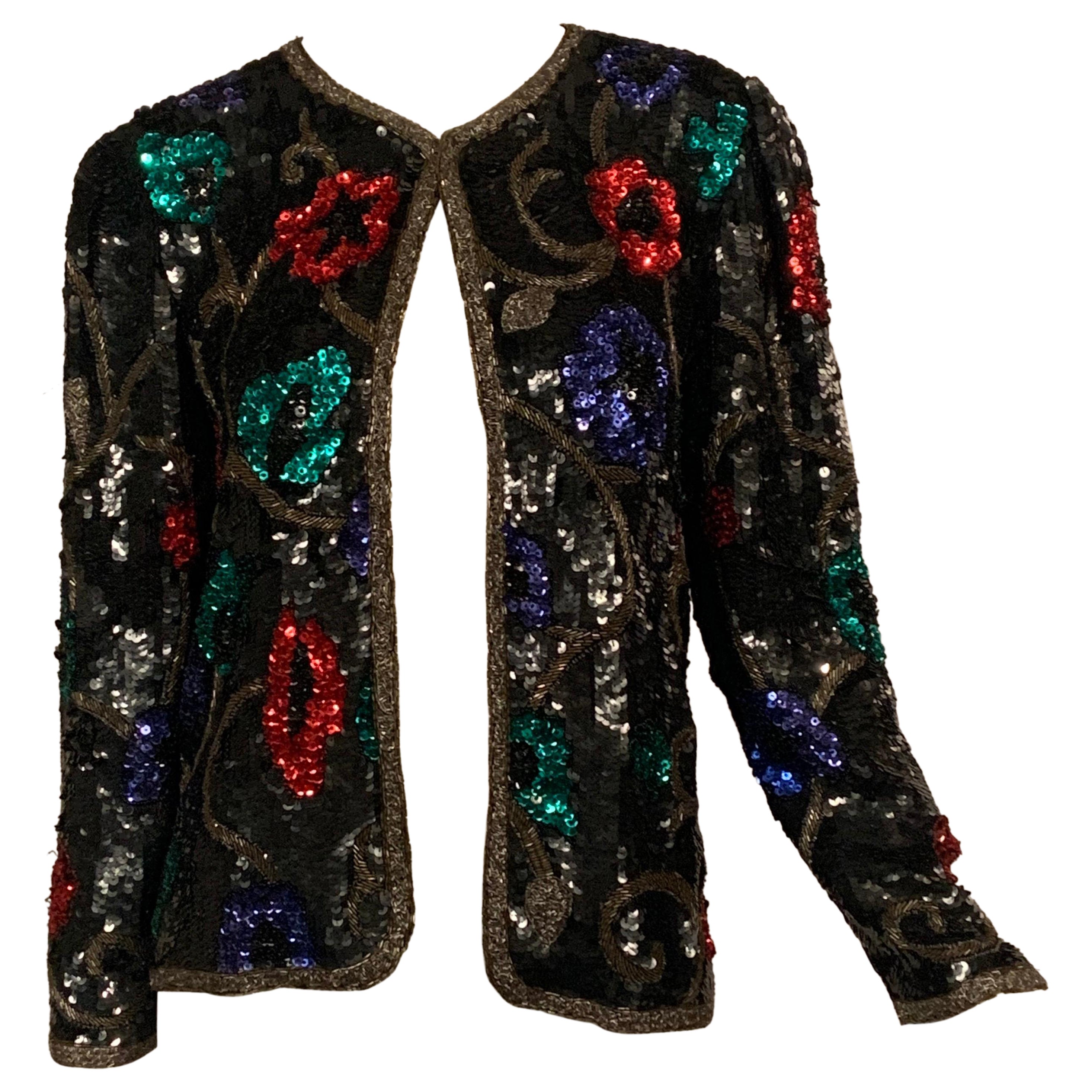 Black Sequin Jacket with Colorful Flower and Vine Decoration For Sale